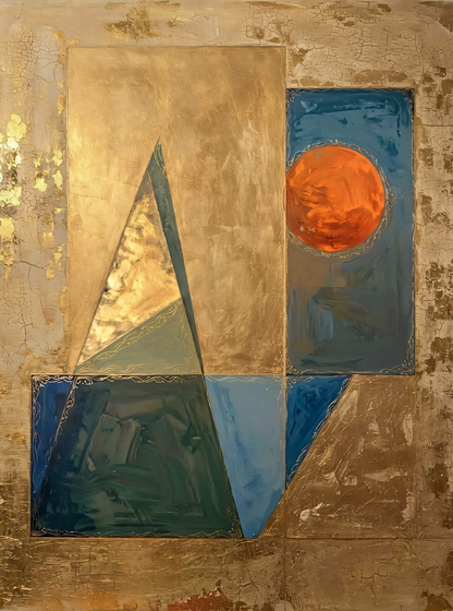 Modern Terracotta Sun & Geometric Canvas Print - Celestial Gold & Teal Wall Art
