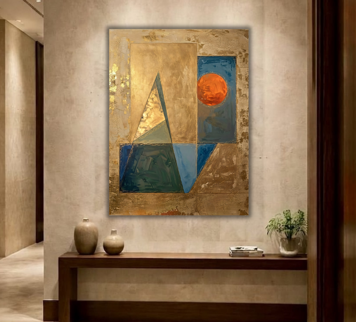 Modern Terracotta Sun & Geometric Canvas Print - Celestial Gold & Teal Wall Art