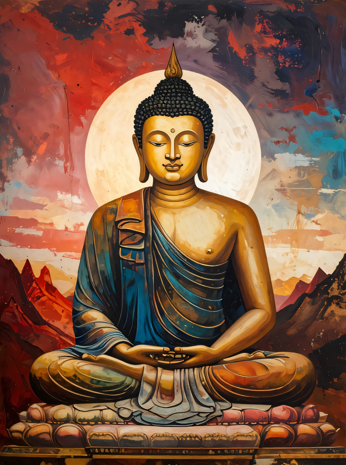 Golden Meditating Buddha Canvas Print - Radiant Full Moon & Mountain Spiritual Wall Art