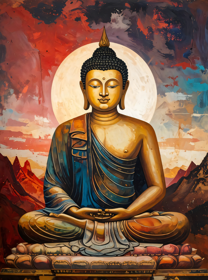 Golden Meditating Buddha Canvas Print - Radiant Full Moon & Mountain Spiritual Wall Art