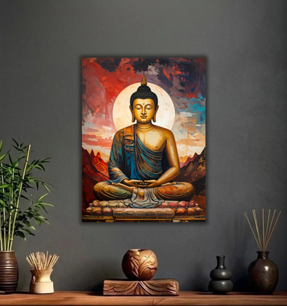 Golden Meditating Buddha Canvas Print - Radiant Full Moon & Mountain Spiritual Wall Art