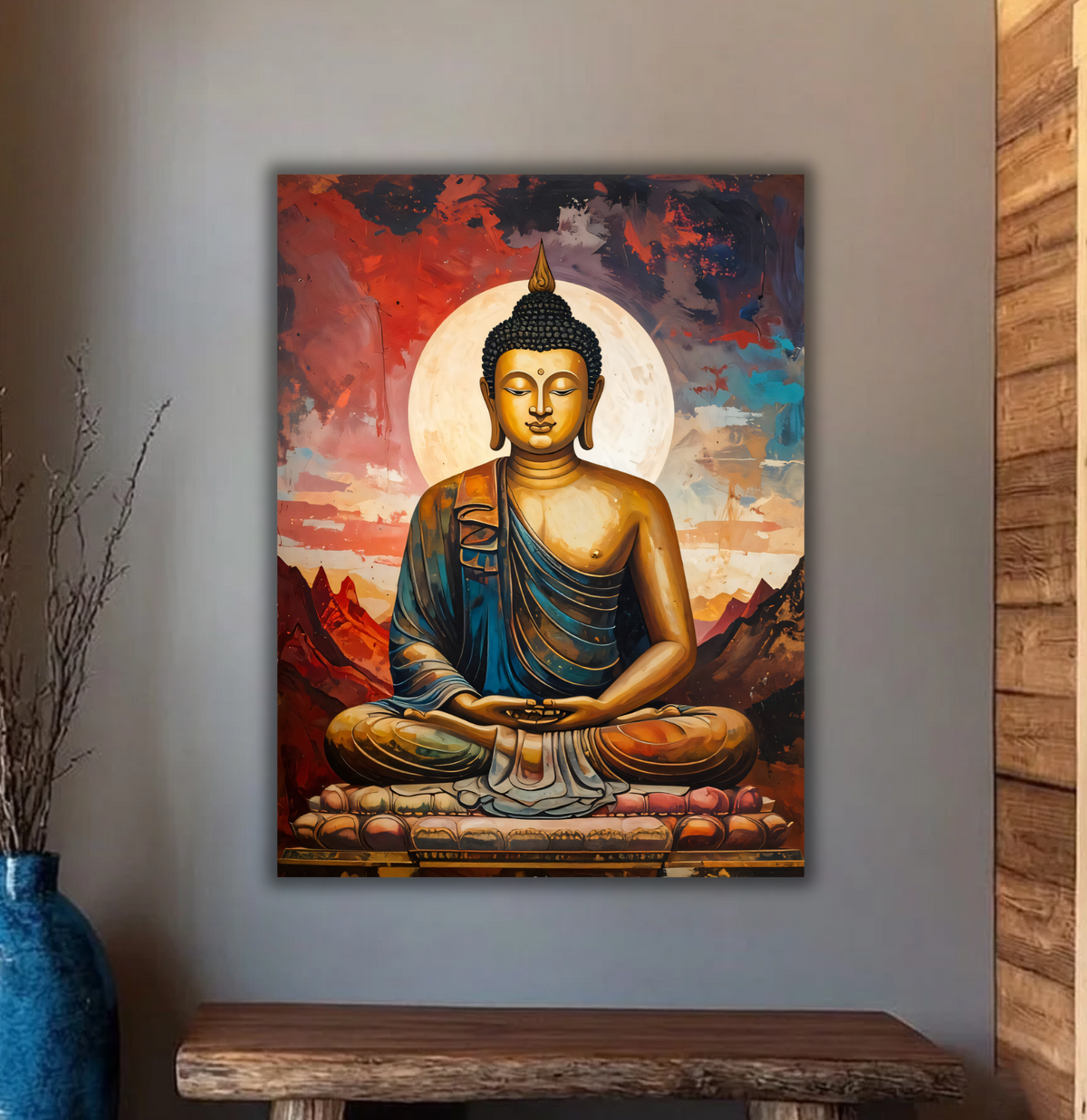Golden Meditating Buddha Canvas Print - Radiant Full Moon & Mountain Spiritual Wall Art