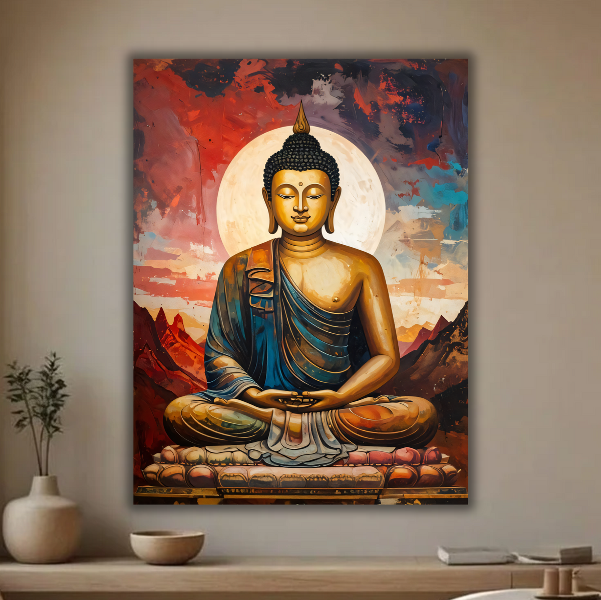 Golden Meditating Buddha Canvas Print - Radiant Full Moon & Mountain Spiritual Wall Art