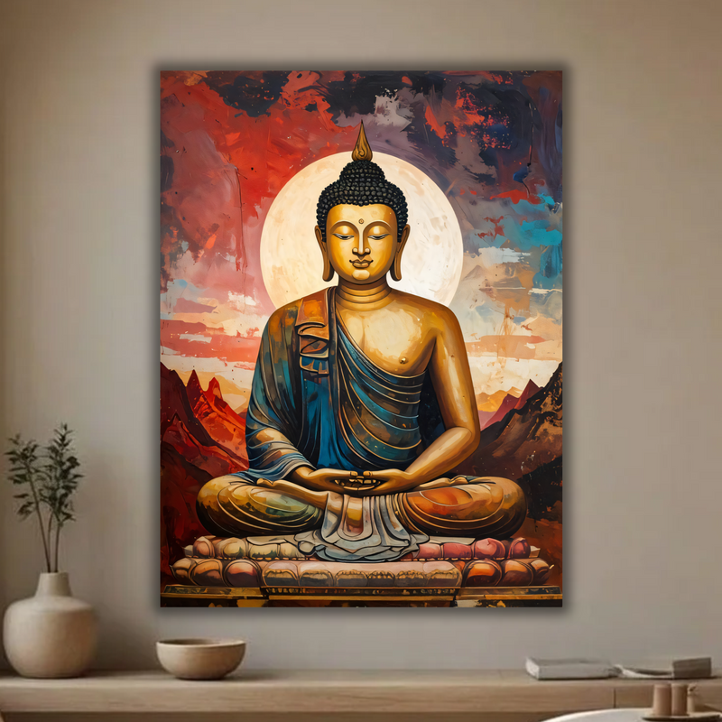 Golden Meditating Buddha Canvas Print - Radiant Full Moon & Mountain Spiritual Wall Art