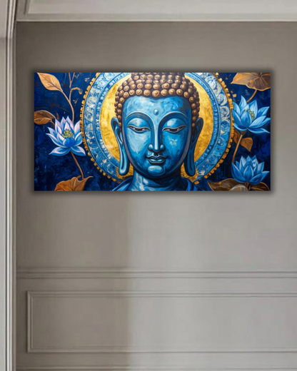 Oceanic Enlightenment: Blue and Gold Buddha Panoramic Canvas Art Print