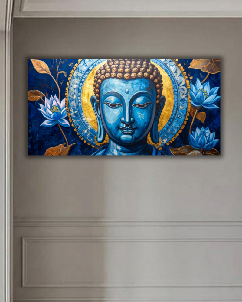 Oceanic Enlightenment: Blue and Gold Buddha Panoramic Canvas Art Print