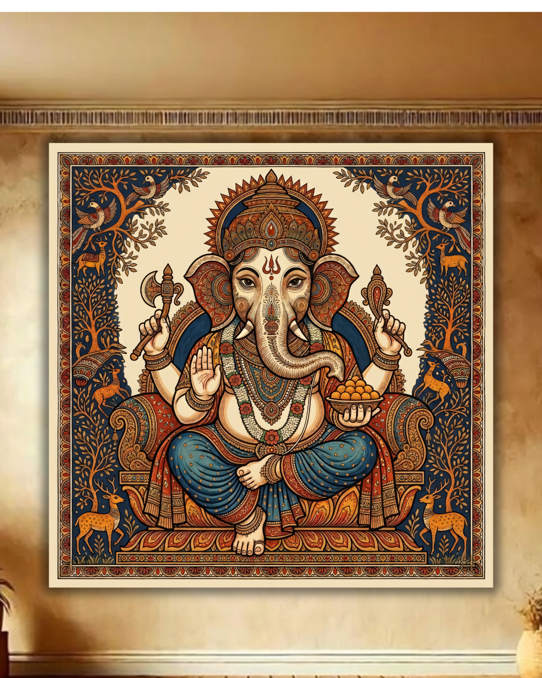 Wisdom of the Forest: Heritage Style Detailed Ganesha Folk Art Canvas Print