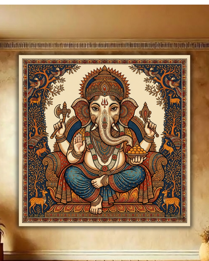 Wisdom of the Forest: Heritage Style Detailed Ganesha Folk Art Canvas Print