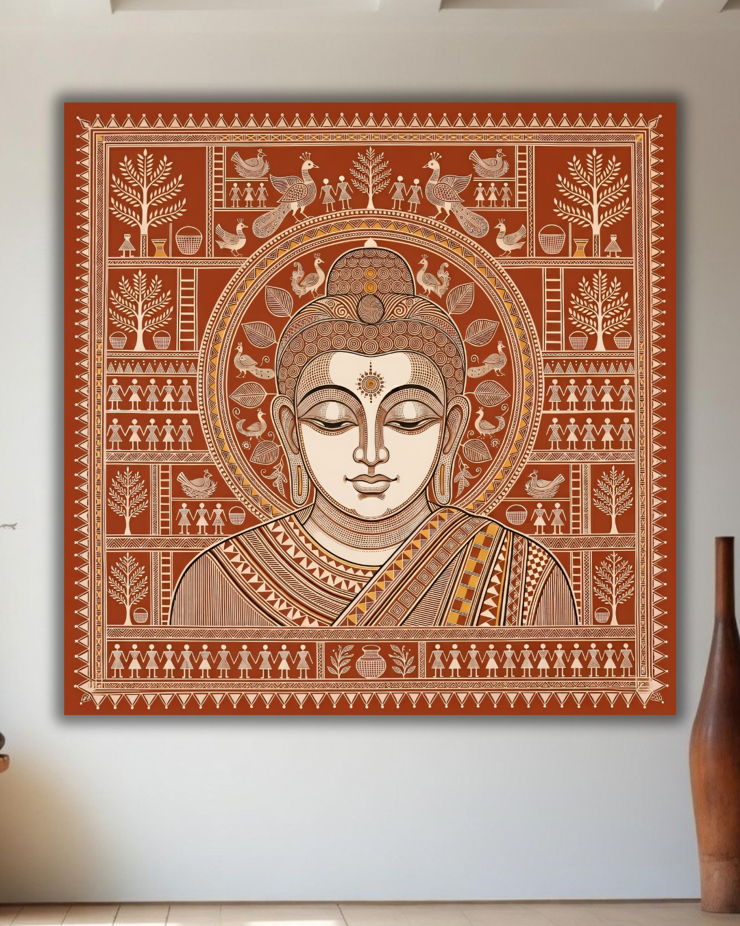 Tribal Serenity: Warli-Inspired Traditional Buddha Canvas Art Print
