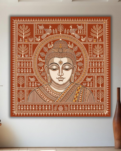 Tribal Serenity: Warli-Inspired Traditional Buddha Canvas Art Print