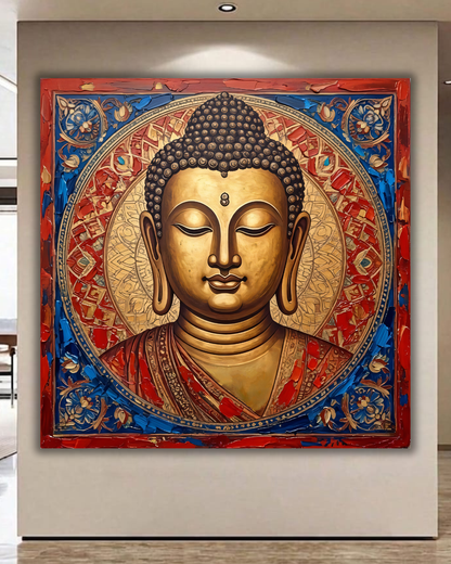 Golden Serenity: Intricate Meditative Buddha Face Canvas Art Print