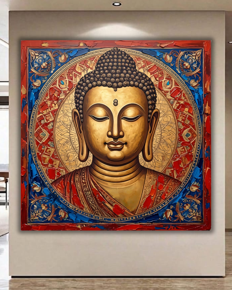 Golden Serenity: Intricate Meditative Buddha Face Canvas Art Print