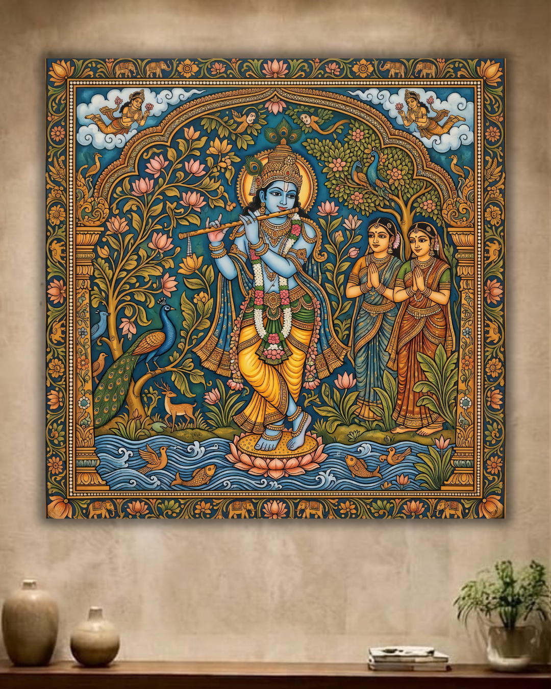 Divine Melody: Traditional Lord Krishna and Gopis Canvas Art Print