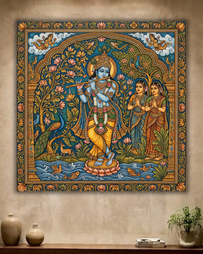 Divine Melody: Traditional Lord Krishna and Gopis Canvas Art Print