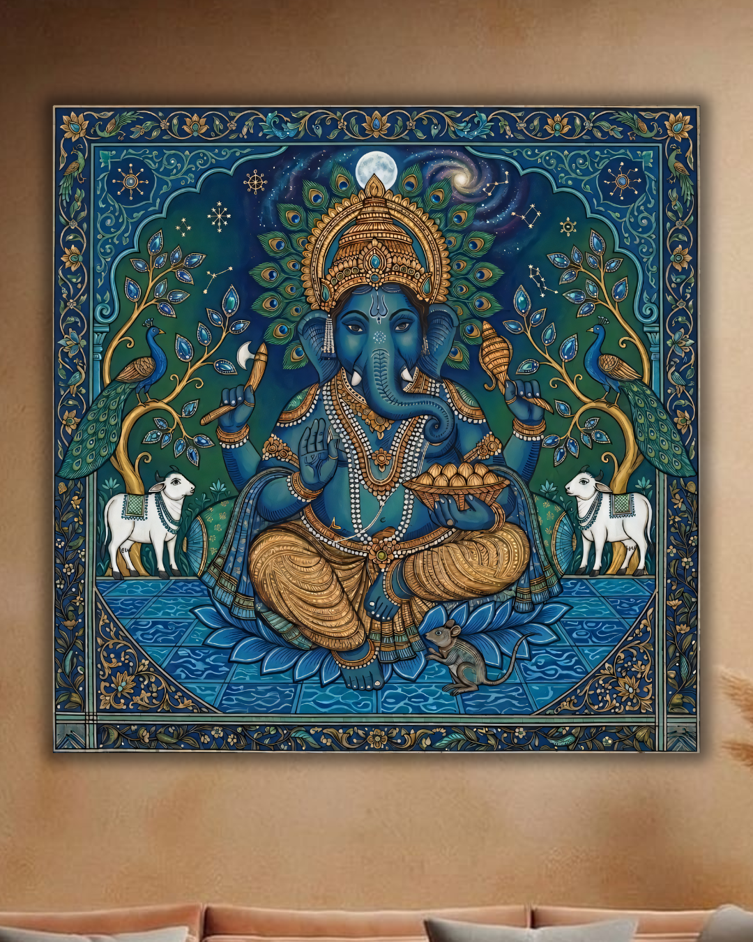 Celestial Blessings: Ornate Midnight Blue Ganesha Canvas Art Print