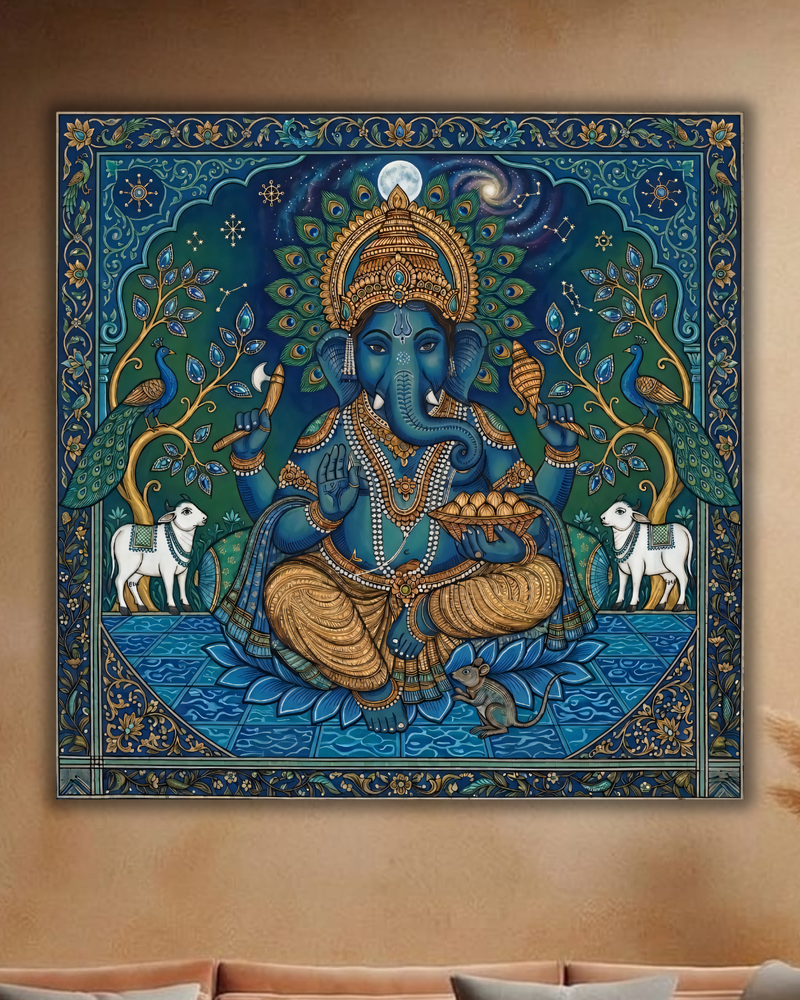 Celestial Blessings: Ornate Midnight Blue Ganesha Canvas Art Print