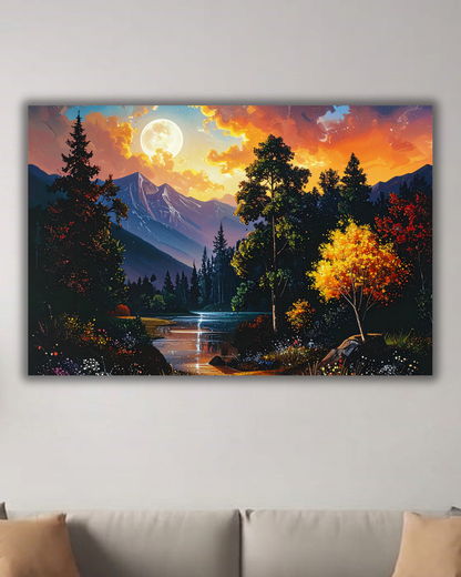 Harvest Moon Rising: Impressionist Alpine Forest Canvas Art Print