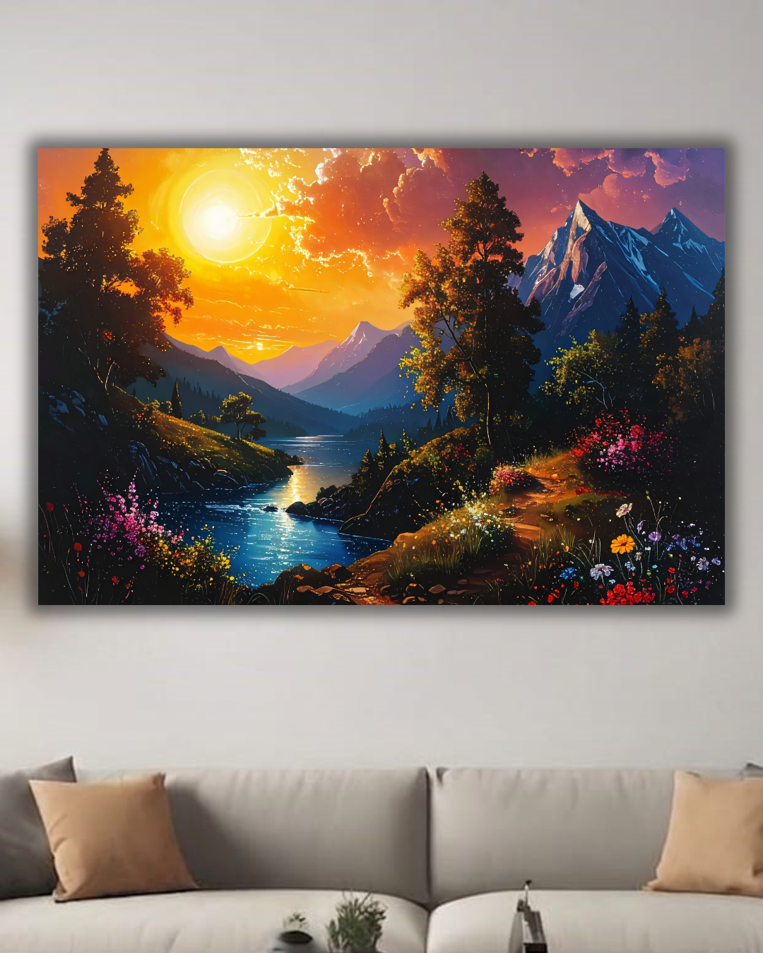 Eternal Sunset: Vibrant Impressionist Alpine Valley Canvas Art Print