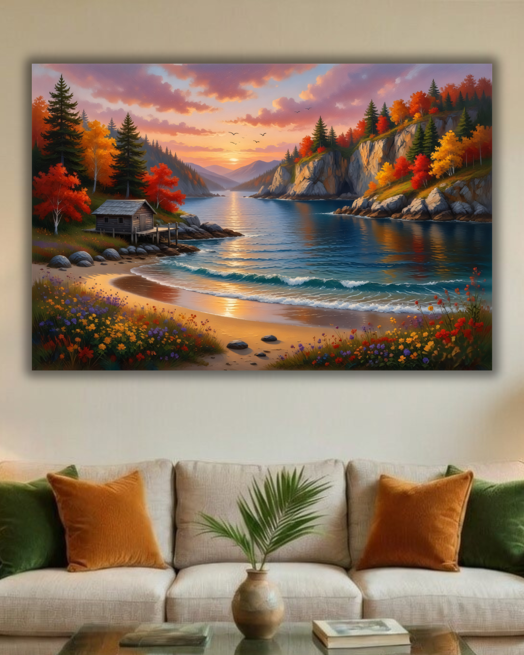 Serene Shoreline: Autumn Lakeside Retreat Canvas Art