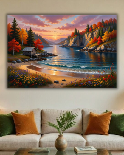 Serene Shoreline: Autumn Lakeside Retreat Canvas Art