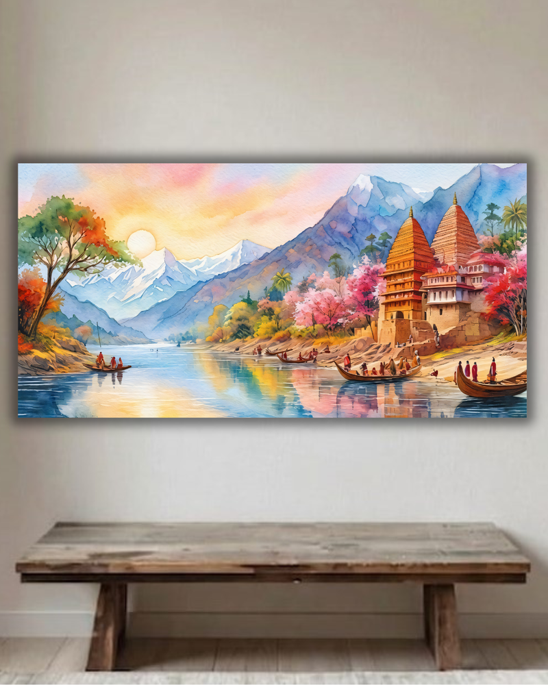 Sacred River Sunrise – Himalayan Heritage Panoramic Canvas