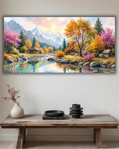 Sunlit Mountain Oasis – Panoramic Watercolor Landscape