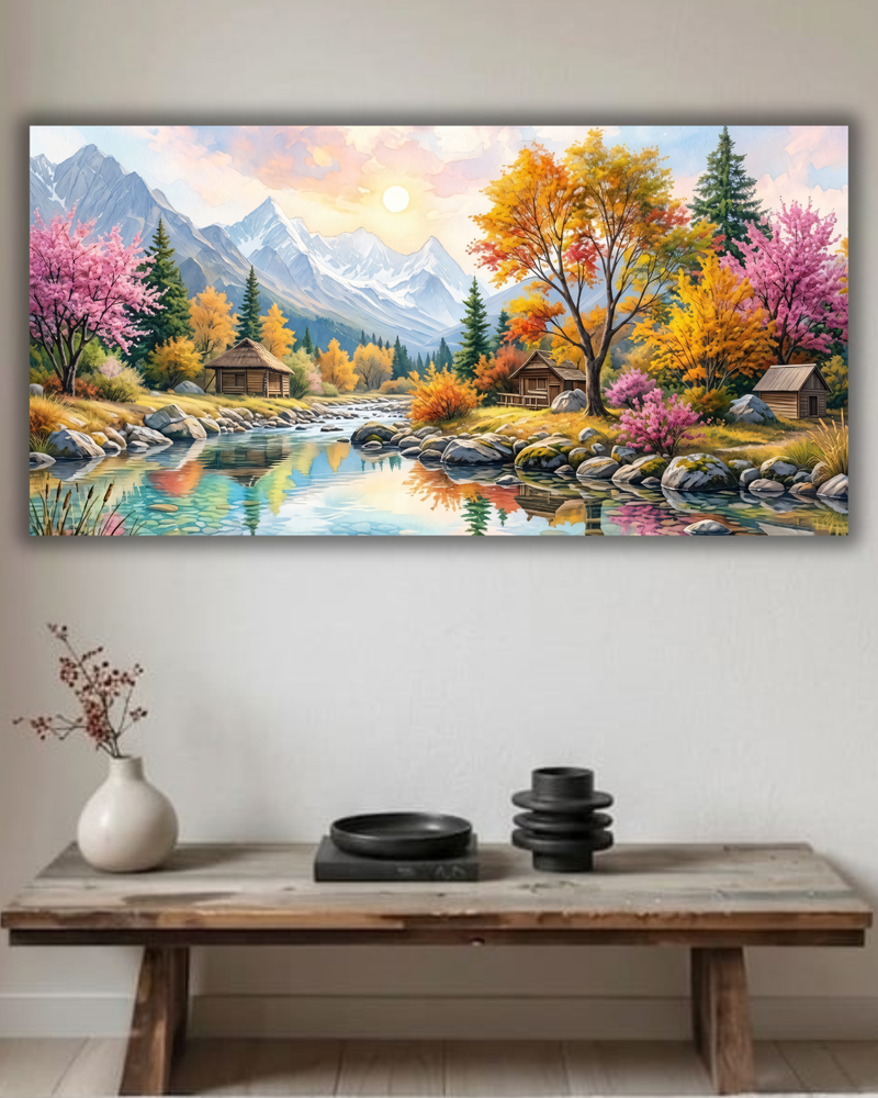 Sunlit Mountain Oasis – Panoramic Watercolor Landscape