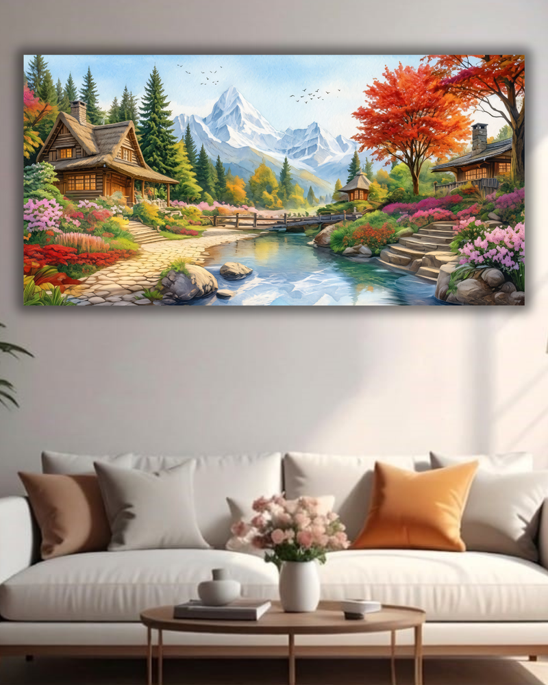 Alpine Garden Retreat – Panoramic Mountain Landscape Canvas Art