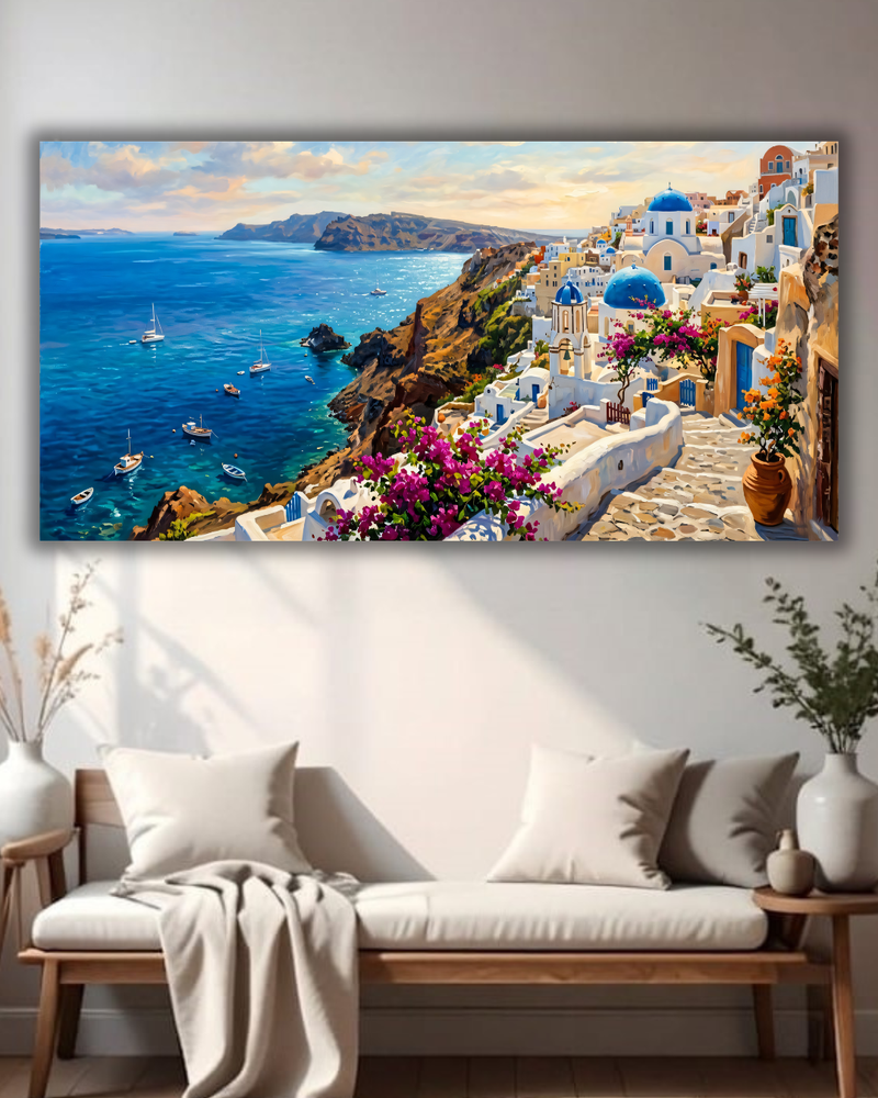 Santorini Sunscape – Mediterranean Coastal Canvas Art