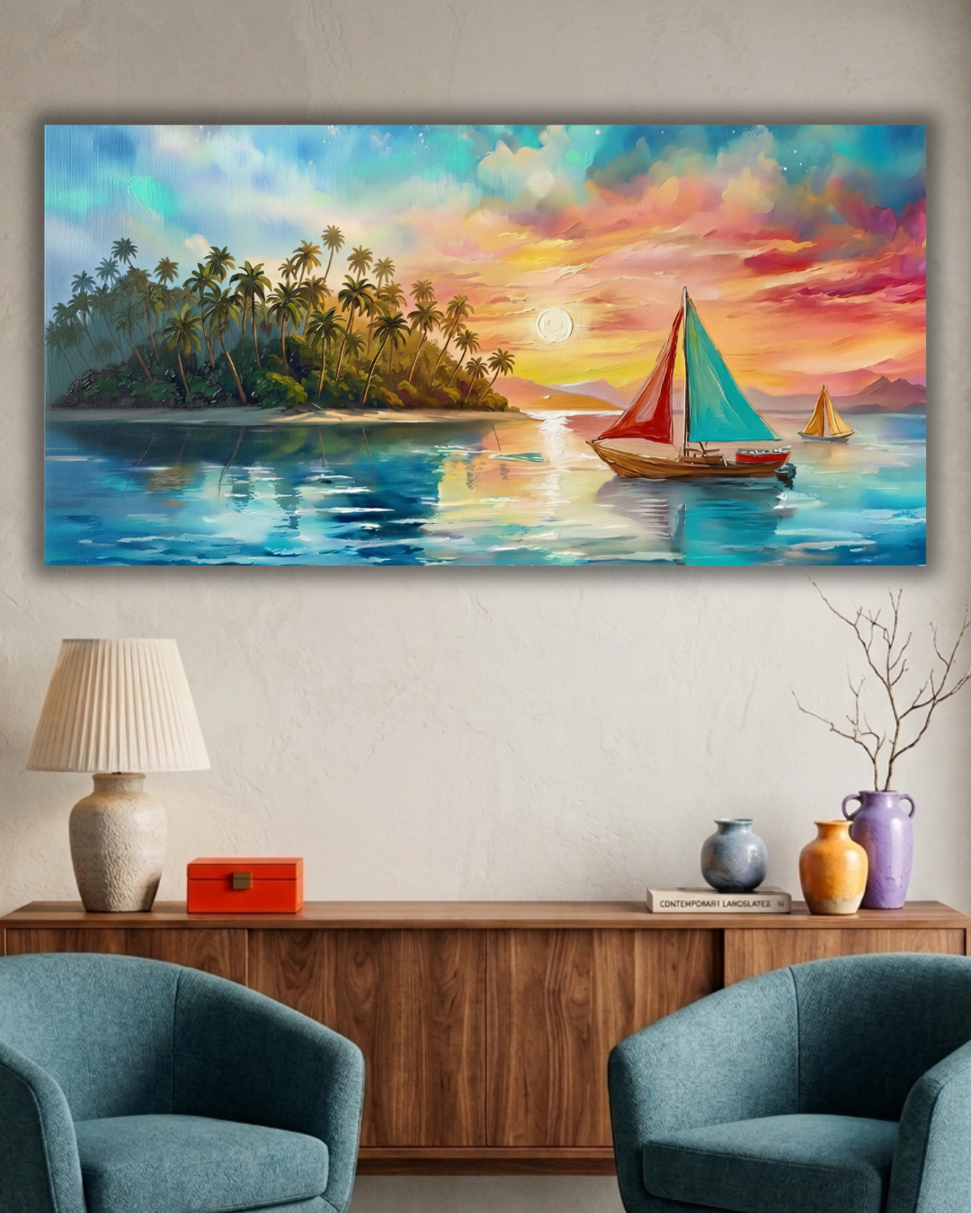 Twilight Voyage: Abstract Island Sunset Canvas Art