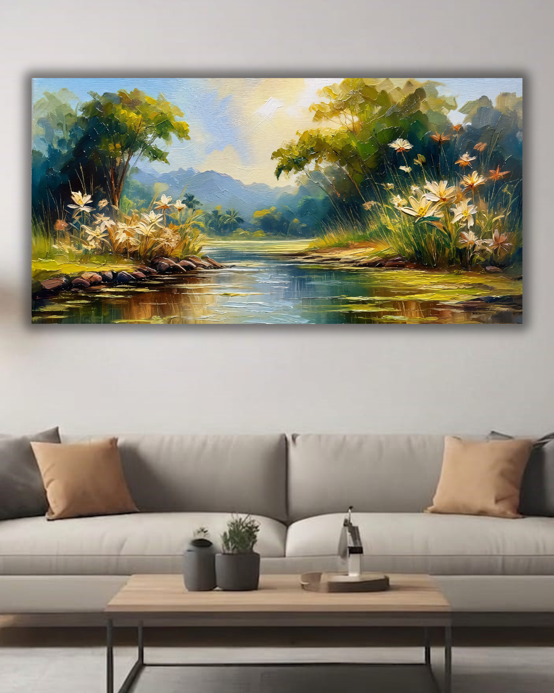 Sunlit Riverside Blooms Impasto Canvas Art