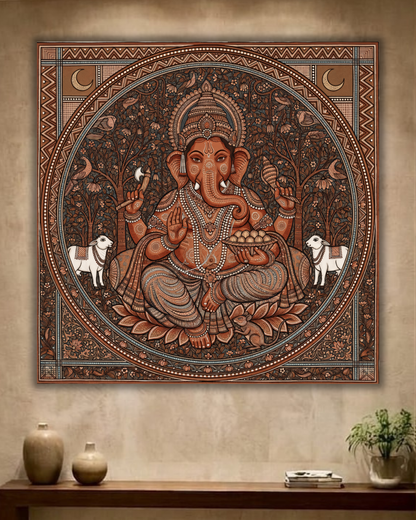 Sacred Mandala: Classical Terracotta and Ochre Ganesha Folklife Wall Art