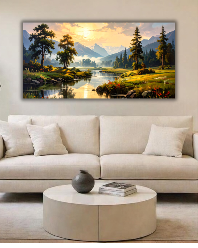Alpine Dawn: Impressionist Mountain River Panoramic Canvas Art Print