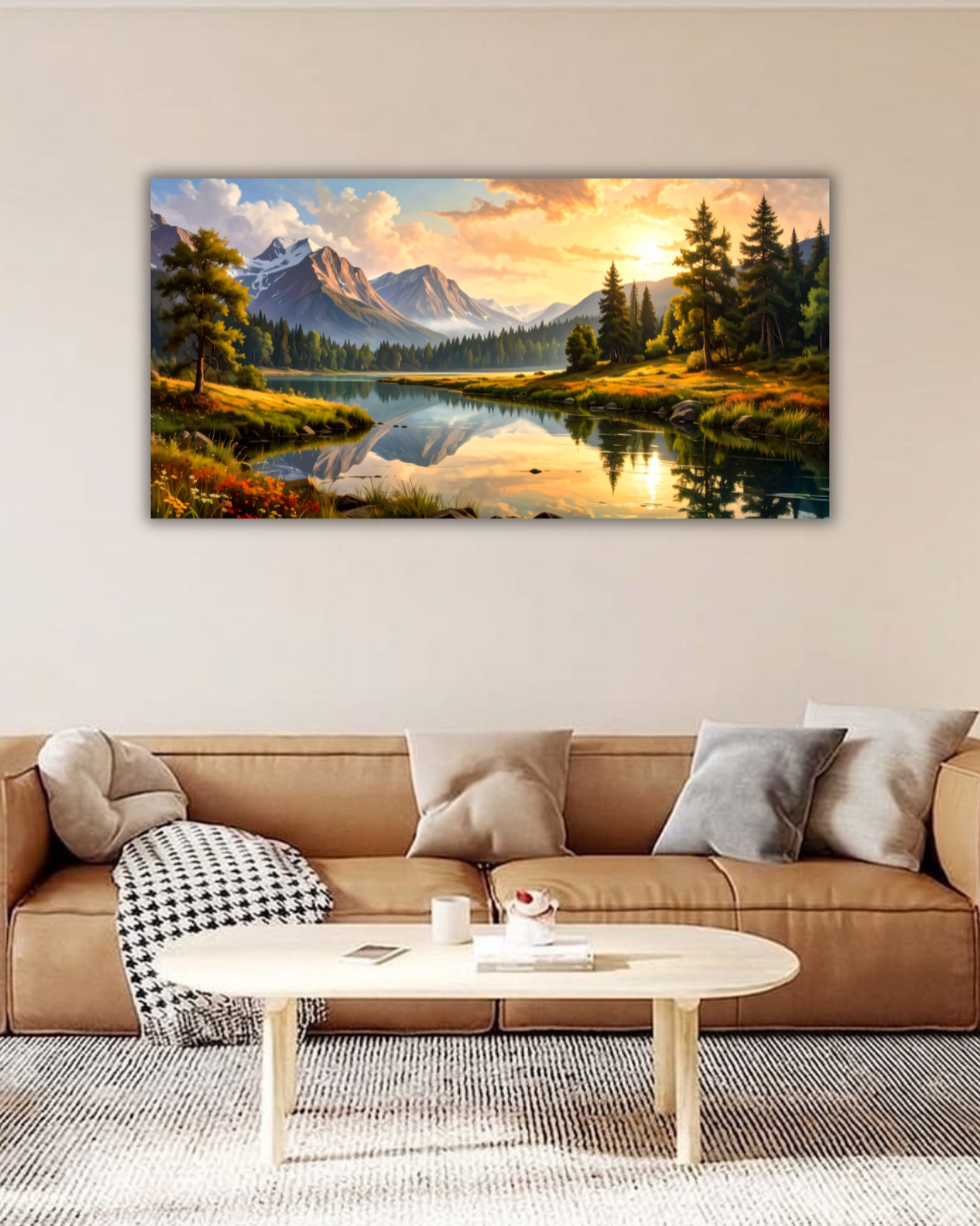 Golden Hour Symmetry: Impressionist Alpine Lake Panoramic Canvas Art Print