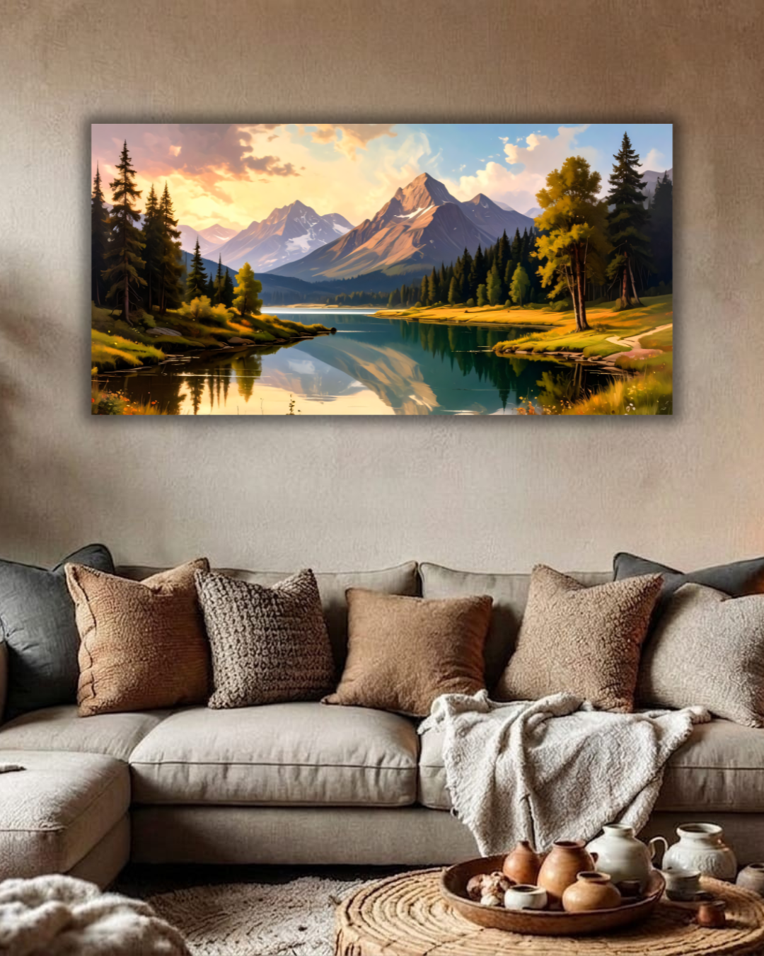 Mountain Mirror: Impressionist Alpine Lake Panoramic Canvas Art Print