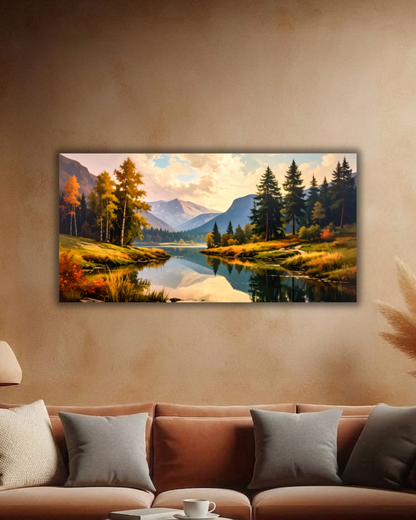 Autumn Transition: Impressionist Alpine Lake Panoramic Canvas Art Print
