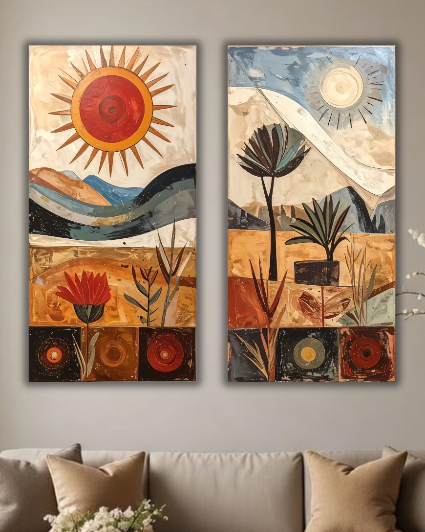 Mid-Century Modern Abstract Desert Canvas Print Set - 2 Piece Bohemian Sun & Botanical Wall Art