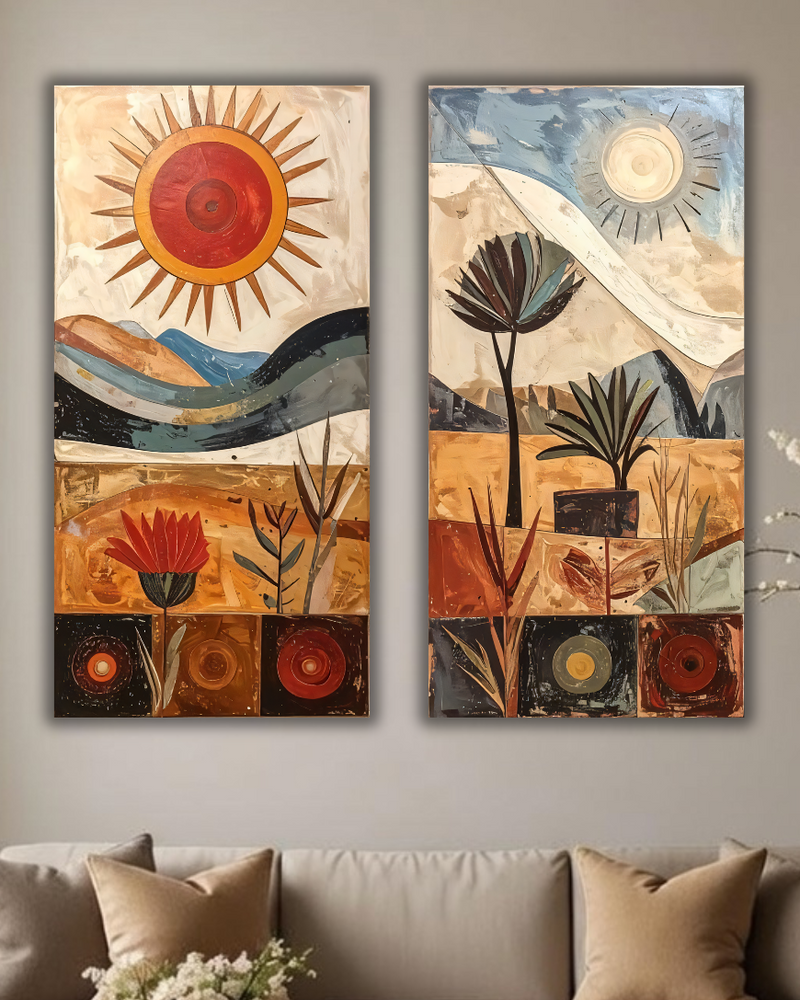 Mid-Century Modern Abstract Desert Canvas Print Set - 2 Piece Bohemian Sun & Botanical Wall Art