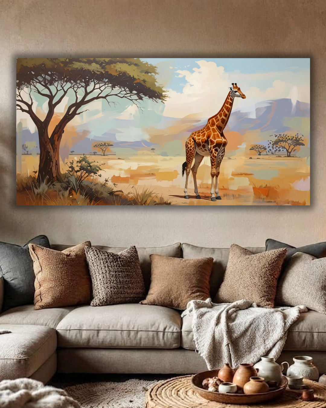 African Savannah Giraffe Landscape Canvas Print - Panoramic Acacia Tree Wildlife Wall Art