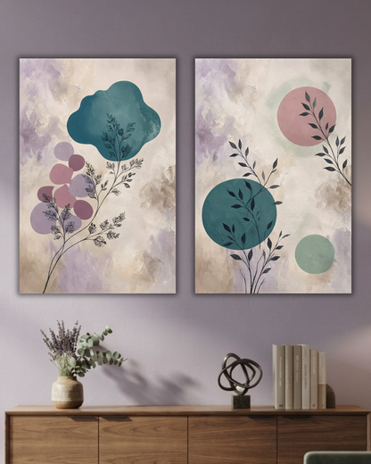 Modern Botanical Silhouette & Abstract Geometric Diptych Canvas Art Set - 2-Piece Teal & Lavender Wall Decor