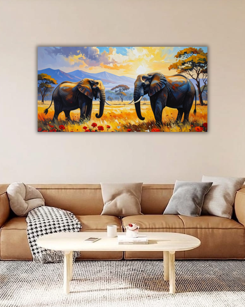Giants of the Savanna: Impressionist African Elephant Panoramic Canvas Art Print