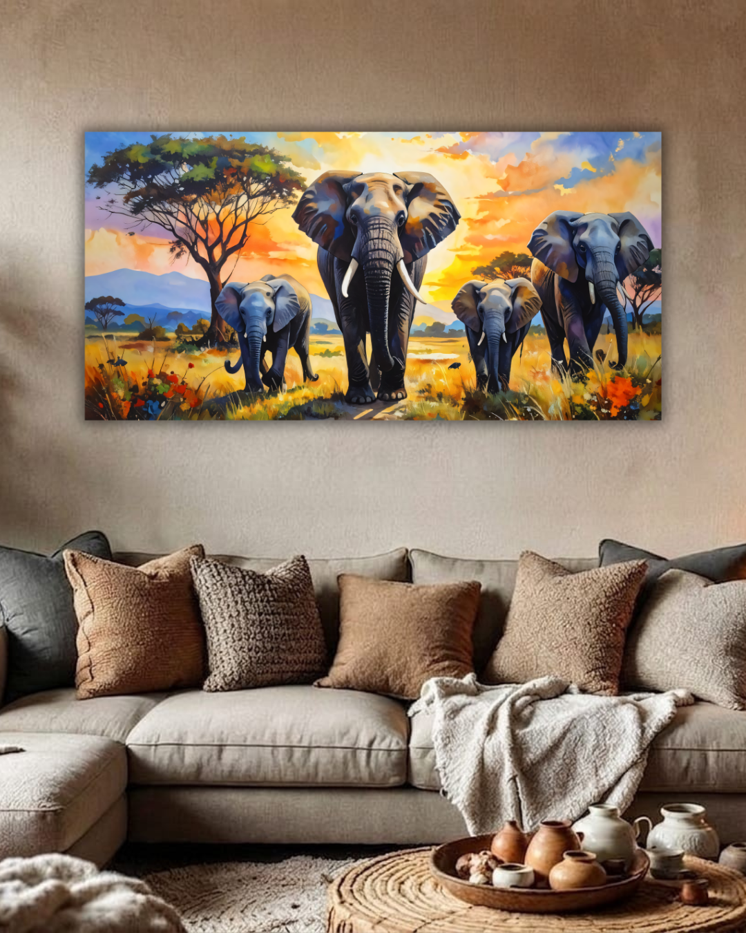 Savanna Matriarch: Impressionist Elephant Herd Panoramic Canvas Art Print