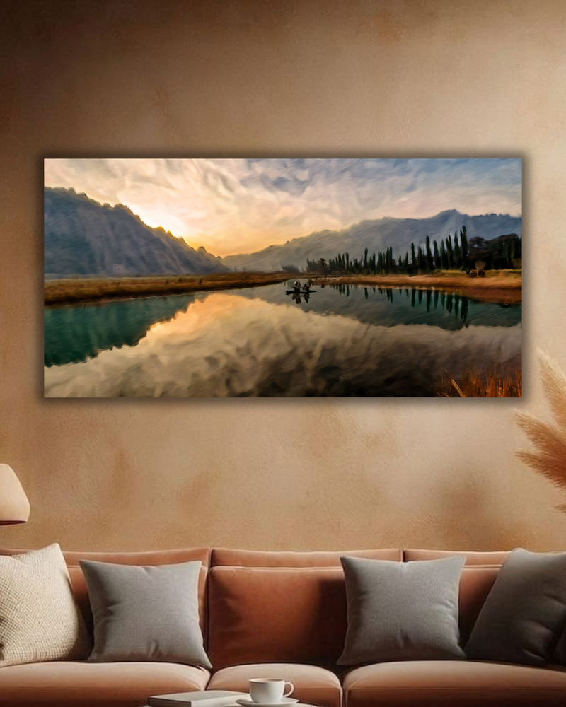 Evening Solitude: Post-Impressionist Mountain River Panoramic Canvas Print