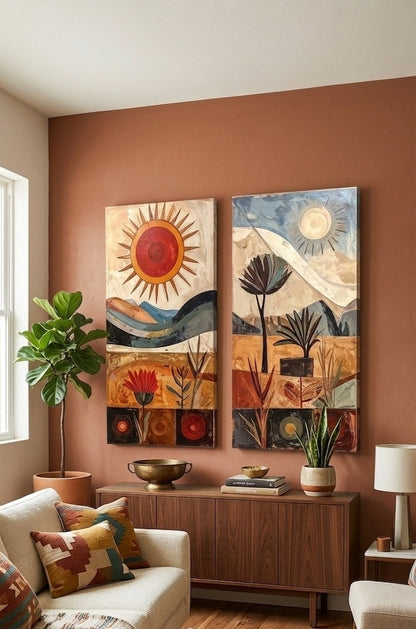 Mid-Century Modern Abstract Desert Canvas Print Set - 2 Piece Bohemian Sun & Botanical Wall Art