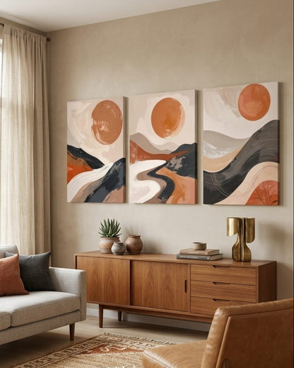 Minimalist Abstract Boho Landscape Canvas Wall Art Set of 3 - Textured Impasto Terracotta Sun & Desert Mountain Painting Prints