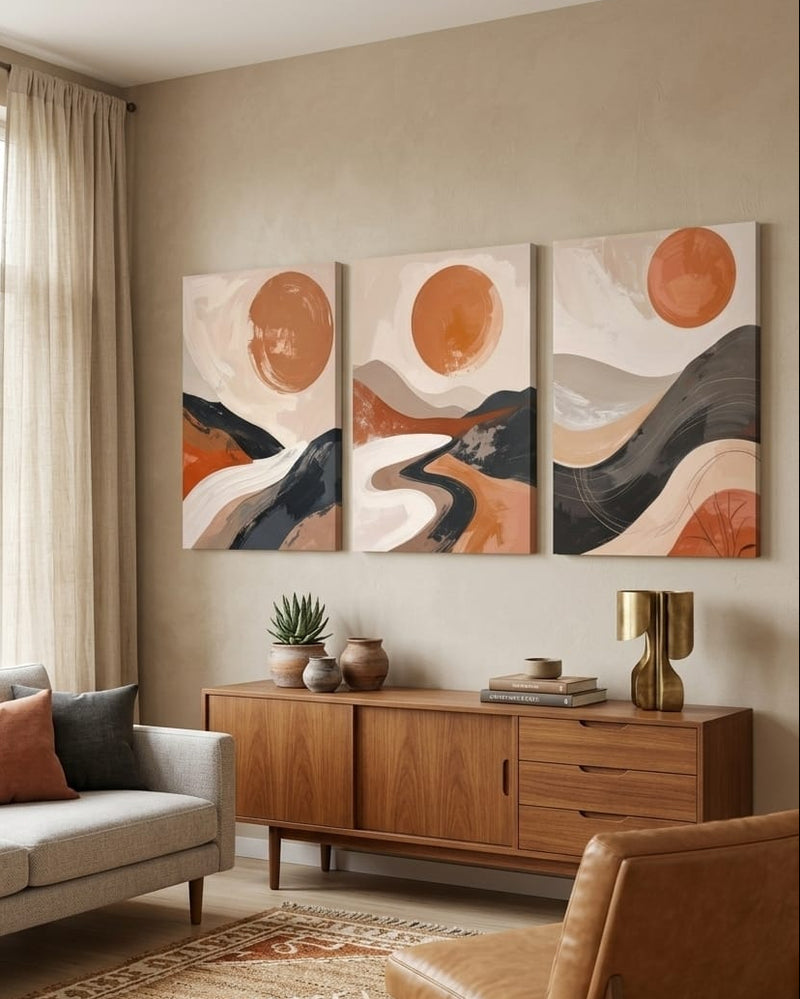 Minimalist Abstract Boho Landscape Canvas Wall Art Set of 3 - Textured Impasto Terracotta Sun & Desert Mountain Painting Prints