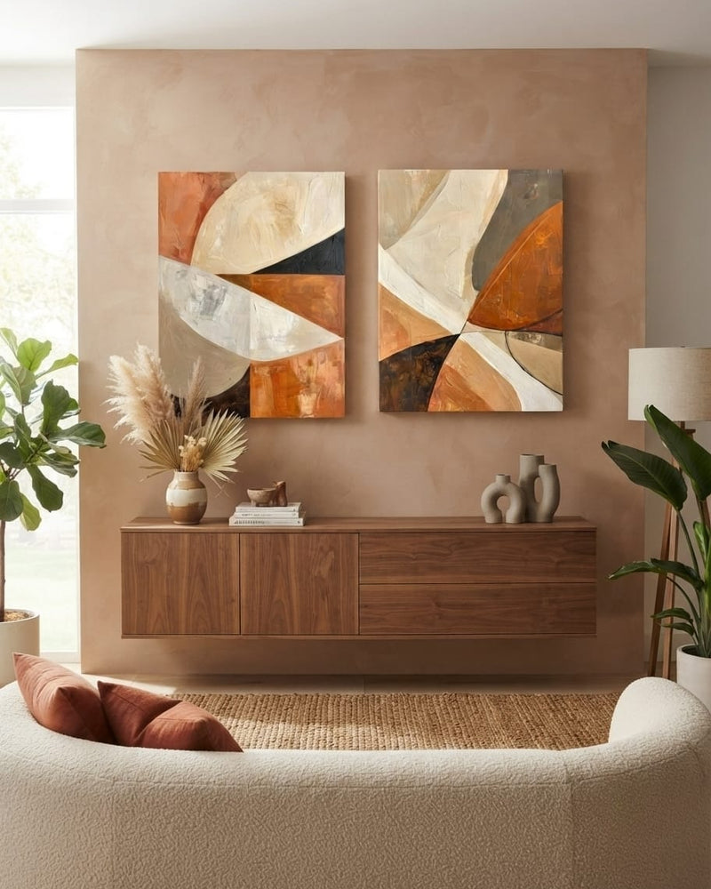 Minimalist Abstract Geometric Canvas Wall Art Set of 2 - Textured Impasto Terracotta & Neutral Color Block Painting Prints