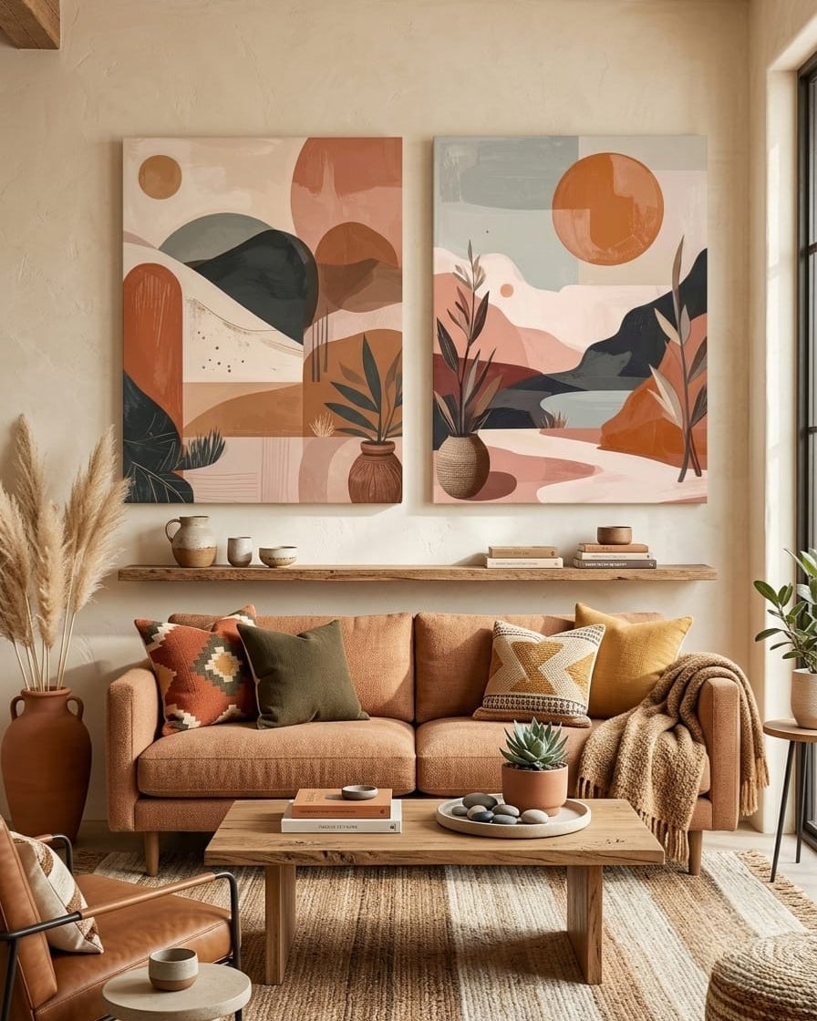 Minimalist Abstract Boho Landscape Canvas Wall Art Set of 2 - Textured Terracotta Sun & Potted Botanical Painting Prints
