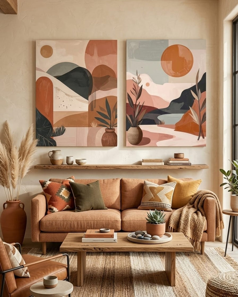 Minimalist Abstract Boho Landscape Canvas Wall Art Set of 2 - Textured Terracotta Sun & Potted Botanical Painting Prints