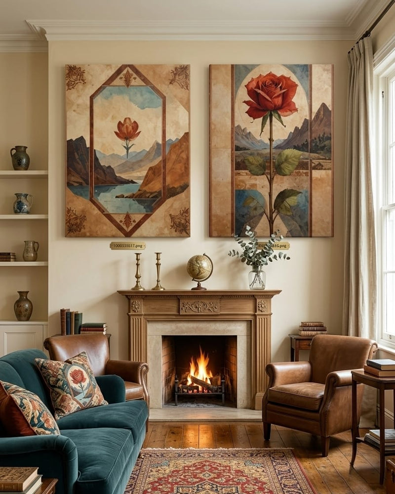 Vintage Floral Mountain Landscape Canvas Print Set of 2 - Art Nouveau Botanical Mountain Wall Decor